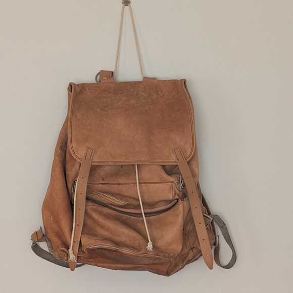 None Other - Vintage Beckman Style Rucksack Brown Leather Backpack